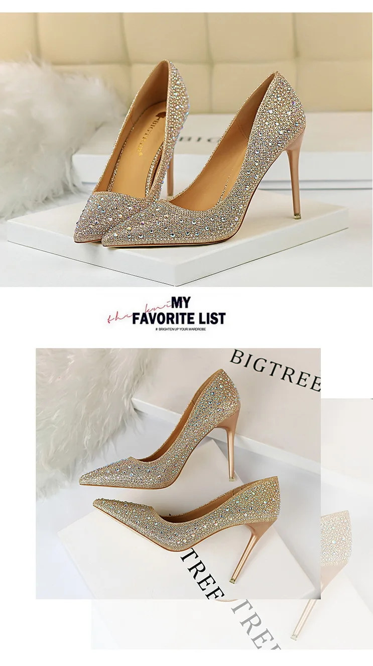 Shoes Rhinestone Woman Pumps Fashion Wedding Shoes Women Basic Pump Stiletto Heels 10cm 7cm Heeled Shoes High Heels