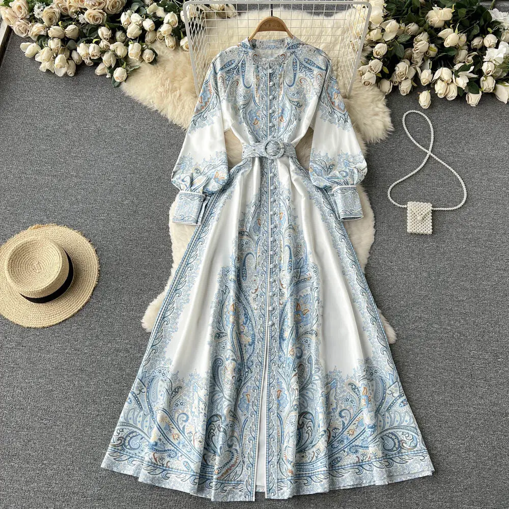 New Women Vintage Party Dress Fashion Long Sleeve Single Breasted Stand Collar Elegant Printed Long Dresses Spring Autumn Robe