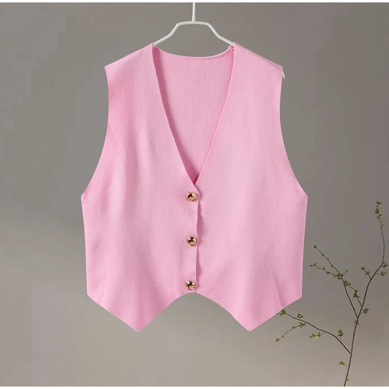 Elegant Knit Short Vest for Women V Neck Single Breasted Sleeveless Waistcoat Pink Top Female New Lady Classic Streetwear