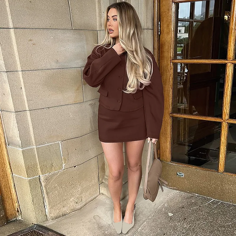 Fashion Cardigan Skirt Two Pieces Set Female Button Long Sleeve Top Slim Solid Mini Skirt Chic Matching Set Autumn Casual