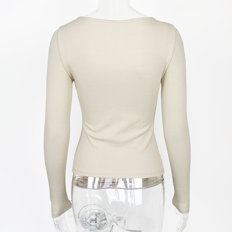 Women Clothing Autumn Winter Chest Hollow-out Long-Sleeved Top Sexy Stretch Rib T-shirt for Women