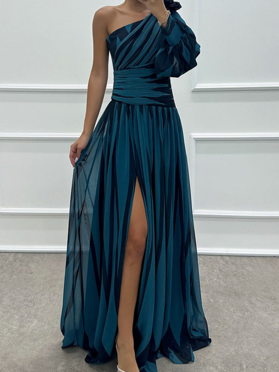 Color-blocked Printed Sloping Shoulders Slit Formal Dress Maxi Dresses
