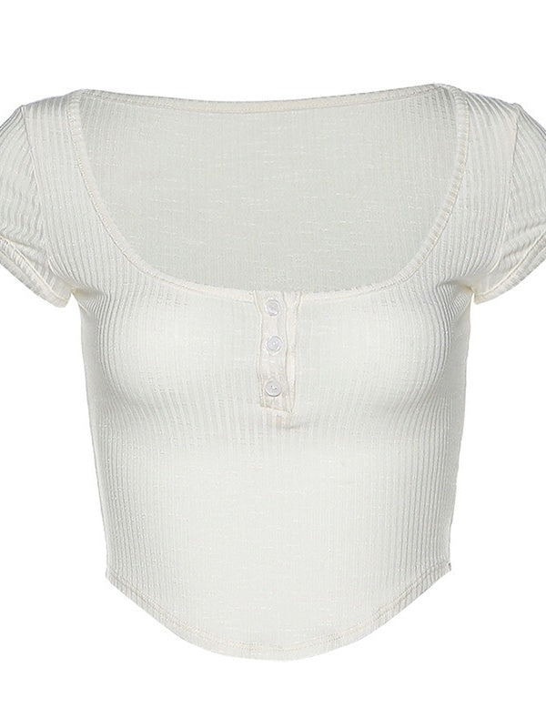 White U-neck Solid Color Sexy Cropped Slim-fit T-shirt