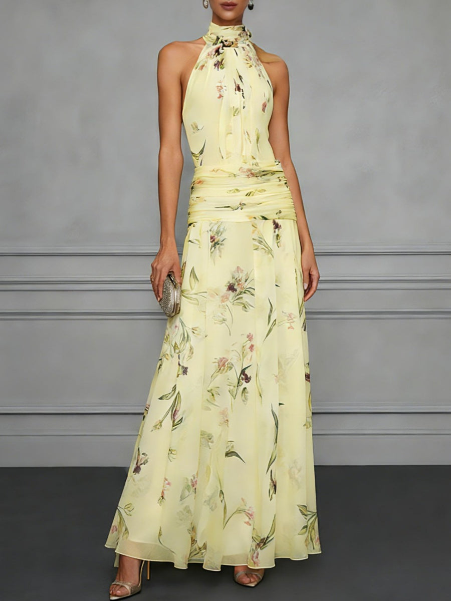 Halter Printed Temperament Waist Parties Maxi Dresses
