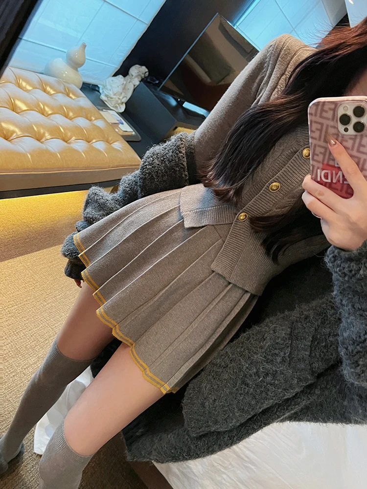 Autumn Knitted Two Piece Skirt Set Women Long Sleeve Single Breasted V-neck Top Mini Pleated Skirt Korean Chic Female Outfit New
