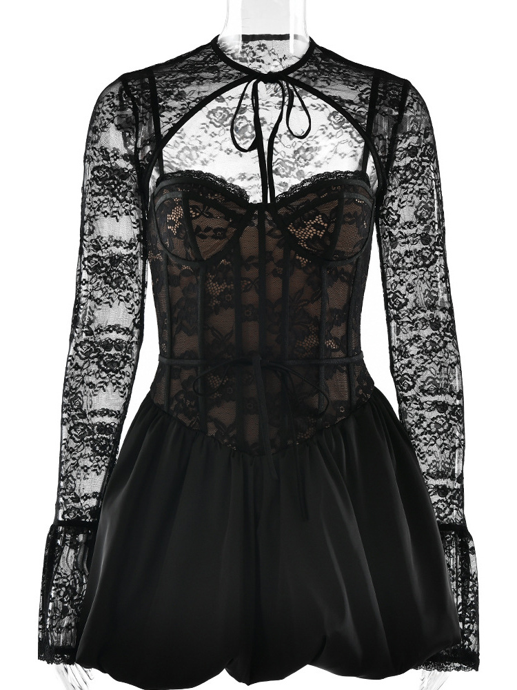 Black Lace Corset Dress With Detachable Bolero Birthday Party Puffball Mini Dress For Women 2026