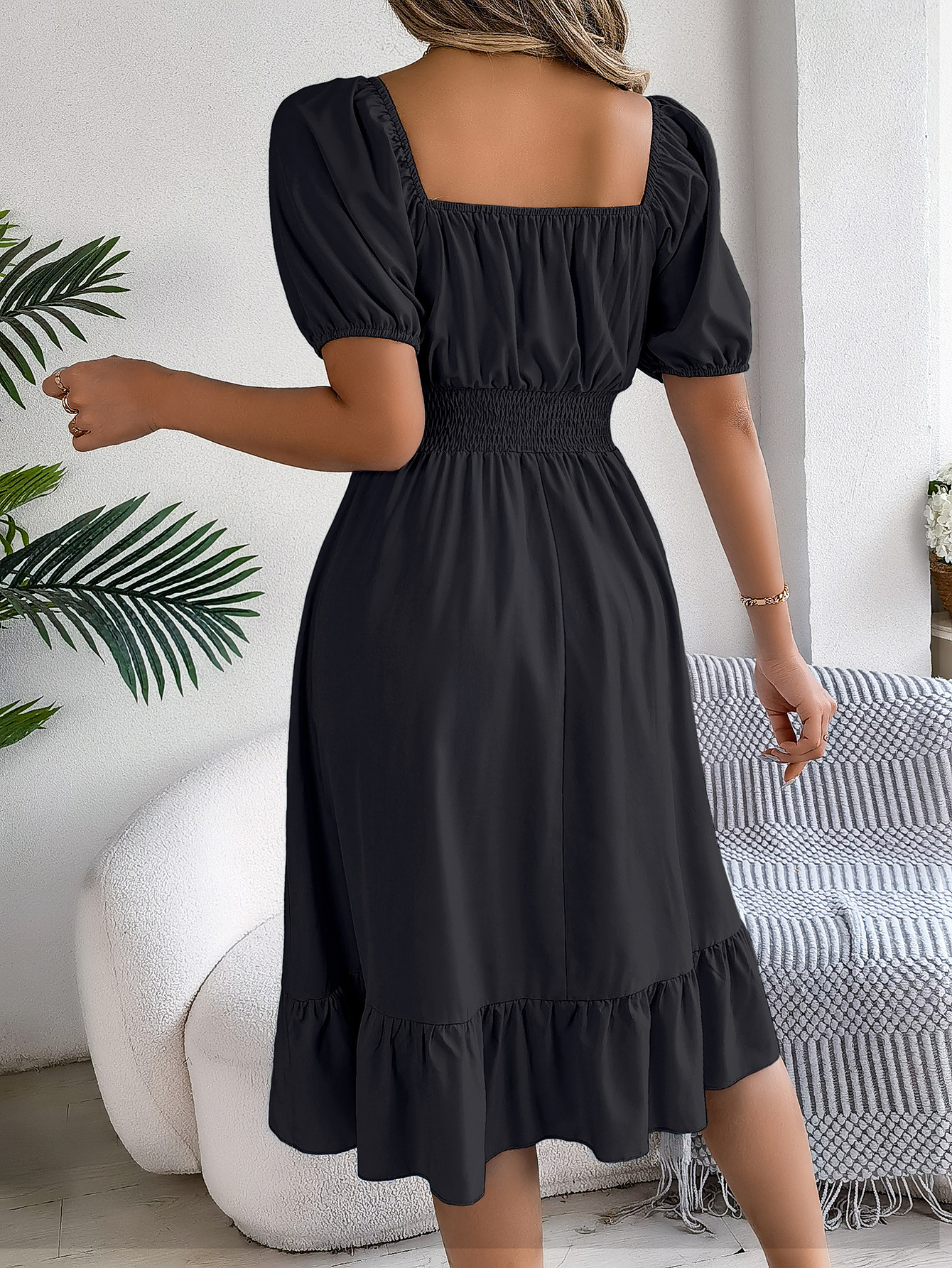 Spring Summer Casual Square Collar Short Sleeve Waist Trimming Ruffles A line Dress Women Clothing