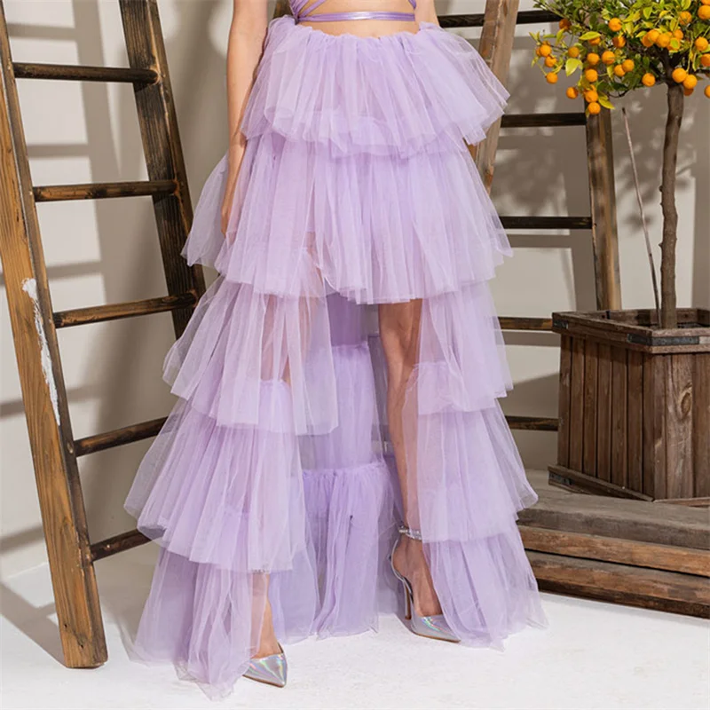 Tulle Skirts Women y2k Solid Color Elastic High Waist Asymmetrical Hem Long Skirts Summer Evening Party Skirt Clubwear