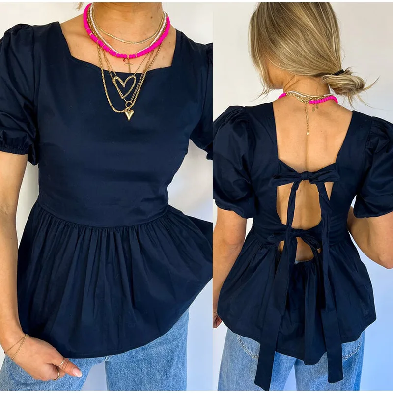 Vintage Lace Up Puffy Sleeve Shirts Women Elegant Solid Backless Square Collar Shirt Female Summer Sweet Fashion Street Tops