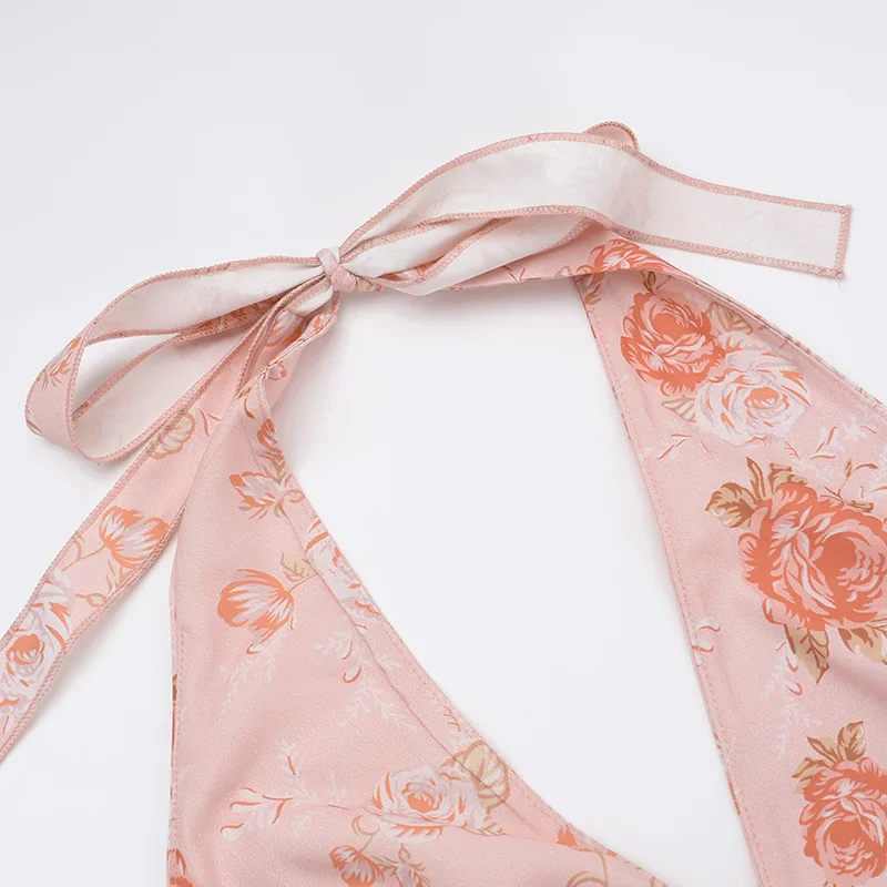 Sexy Print Deep V-neck Sleeveless Backless Neck-mounted Dress Women Slim High Waist Birthday Party Dress Femme Outfits