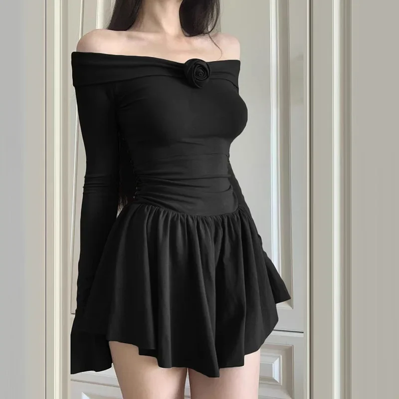 Splice Flower Bodycon Mini Dress For Women Ruffled Folds High Waist Dresses Femme Off Shoulders Casual Slim Dress Woman