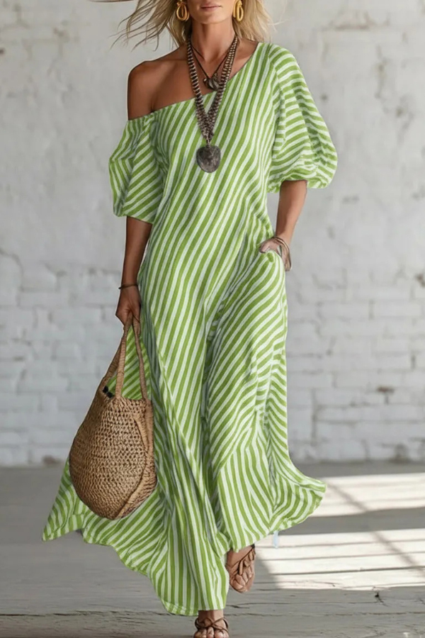 Fashionable Striped Print Slash Neck Puff Sleeve Casual Maxi Dress