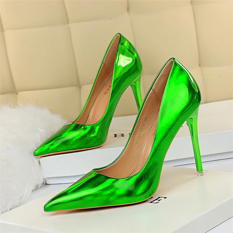 Women 10.5cm High Heels Blue Green Valentine Pumps Luxury Glossy Stripper Stiletto Wedding Bridal Fetish Shoes Plus Size 43