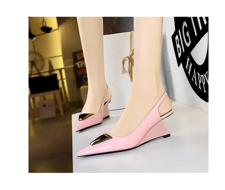 Patent Leather High Heels Wedges Shoes Lady Trendy Pumps Pointed Toe Hollow Back Strap 6.5 Cm Women Sandals White Heels Shoes