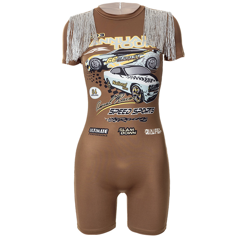 Women Clothing Summer Digital Printed Sexy Skinny Hip Raise Tassel Shorts Jumpsuit for Women
