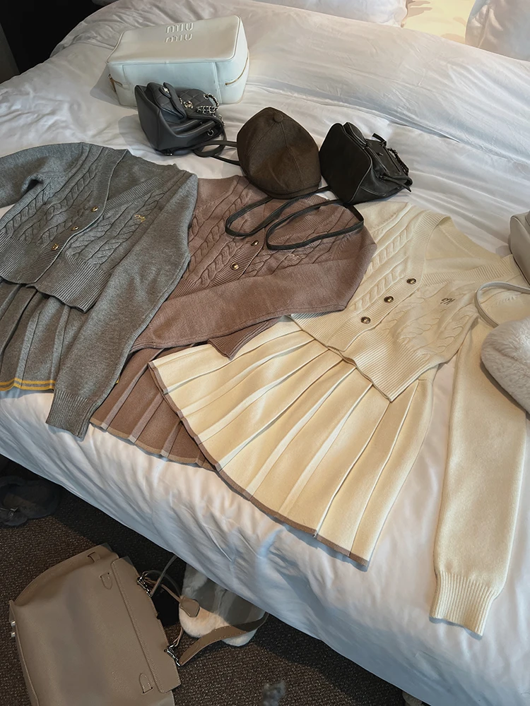 Autumn Knitted Two Piece Skirt Set Women Long Sleeve Single Breasted V-neck Top Mini Pleated Skirt Korean Chic Female Outfit New