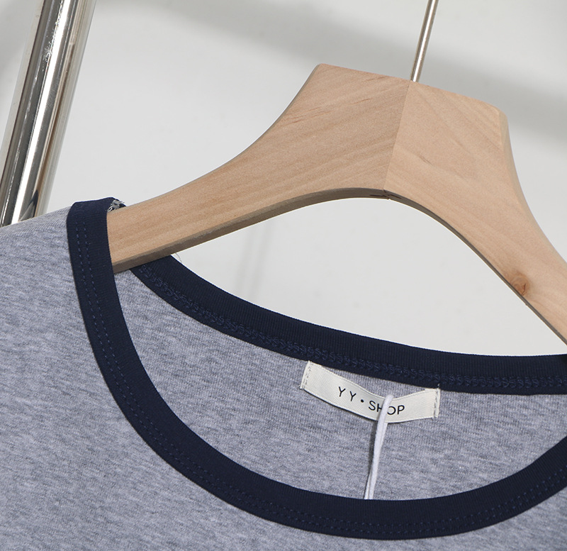 Real Shot Loose Slimming Printed round Neck Contrast Color Short Sleeve Casual Bottoming Shirt Top T shirt