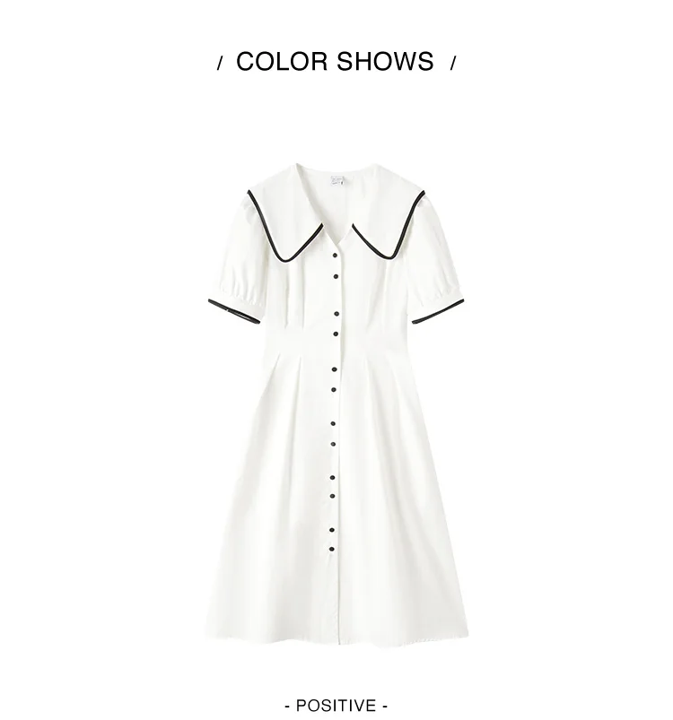 Dress Women Pure Cotton Puff Sleeves Dress Summer New Color-Block Large Lapel Mid-Length Dress College Style
