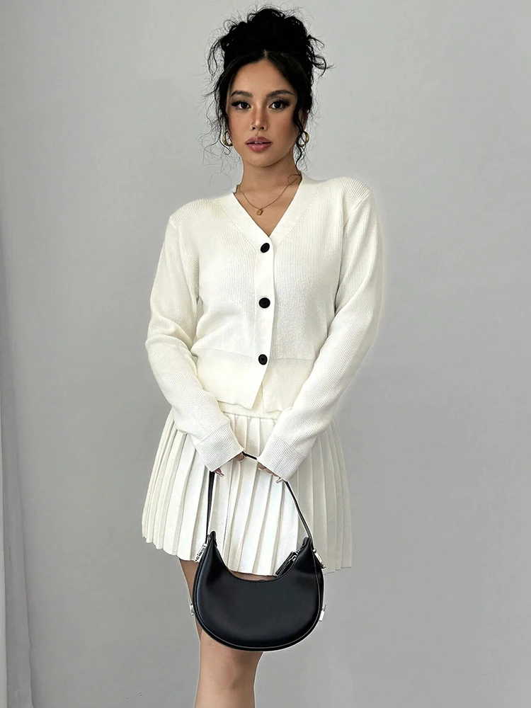 Retro Knitted Long Sleeve Sweater High-Waisted Pleated Skirt Two Piece Set For Women Niche Solid Matching Sets Autumn New