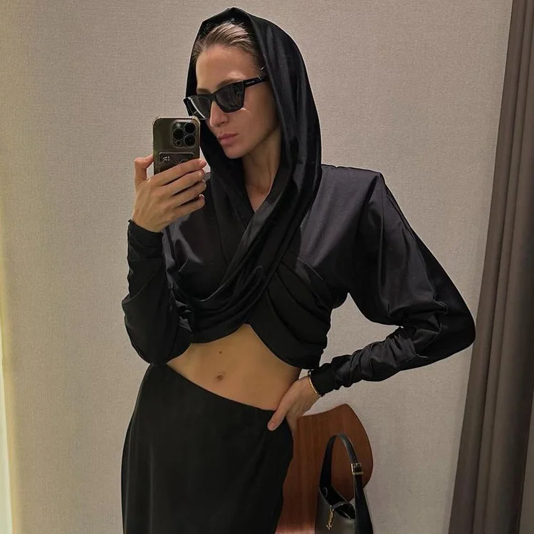 Fashion Satin Hoodie Y2k Top For Women Long Sleeve Bandage Patchwork Solid Sexy Vintage Cropped Top Ladies Crop top Tee