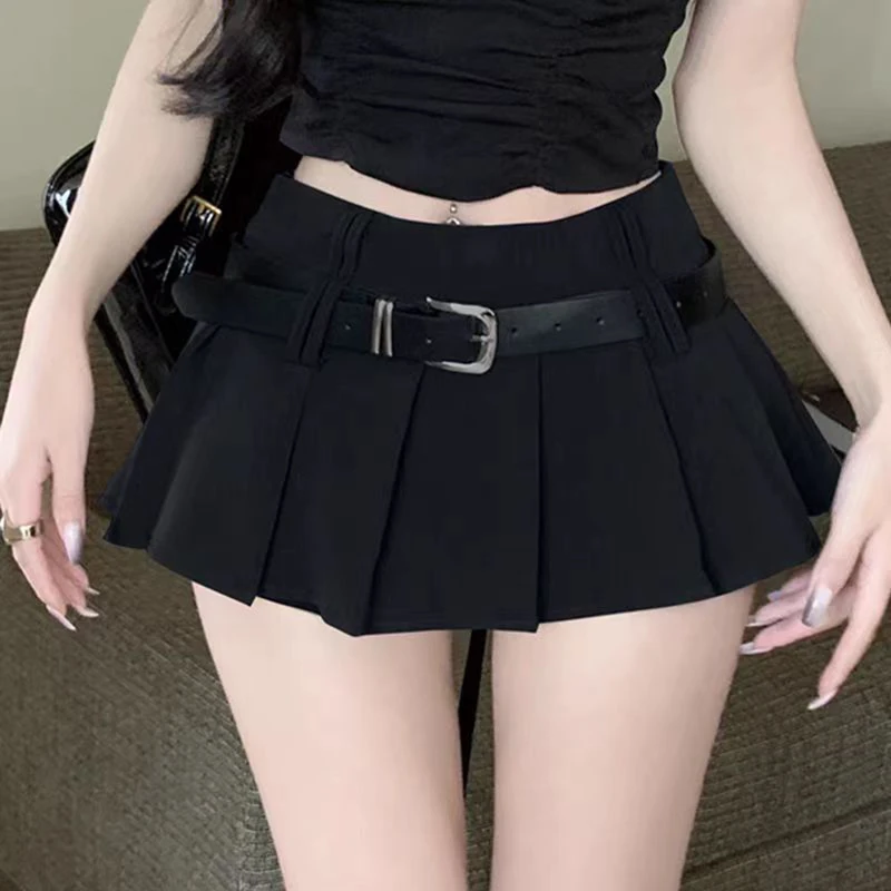 Pleated Mini Skirt Women y2k Preppy Style Solid Color High Waist A Line Skirt with Belt 2000s Party Skirts Streetwear
