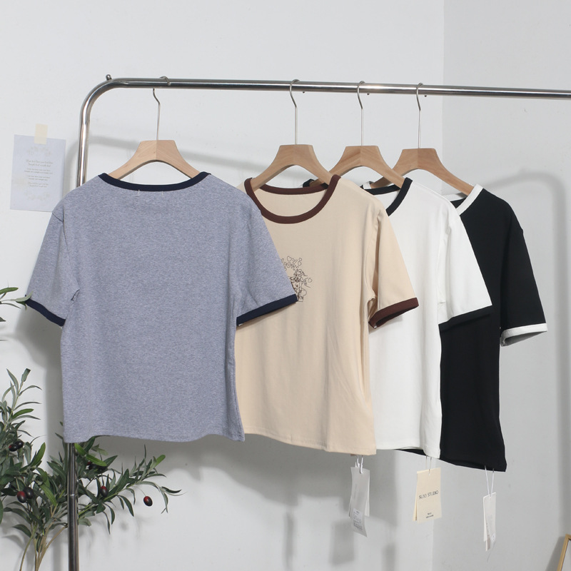 Real Shot Loose Slimming Printed round Neck Contrast Color Short Sleeve Casual Bottoming Shirt Top T shirt