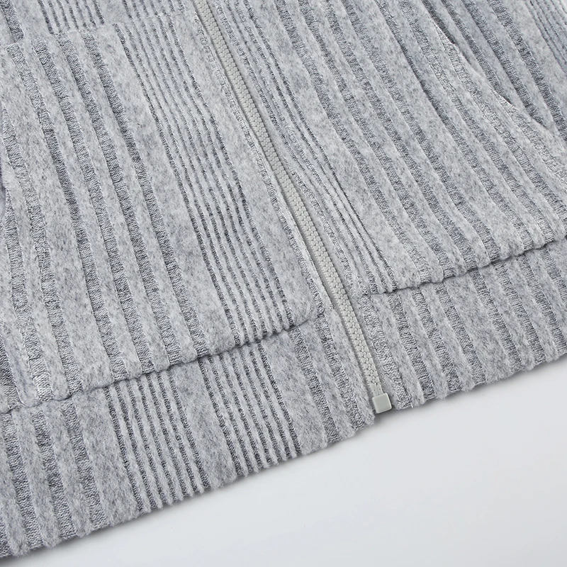 Gray Zip Up Knitted Hooded Jackets Women Pockets Details Solid Simple Basic Minimalist Slim Long Sleeve Hoodies Knitwear