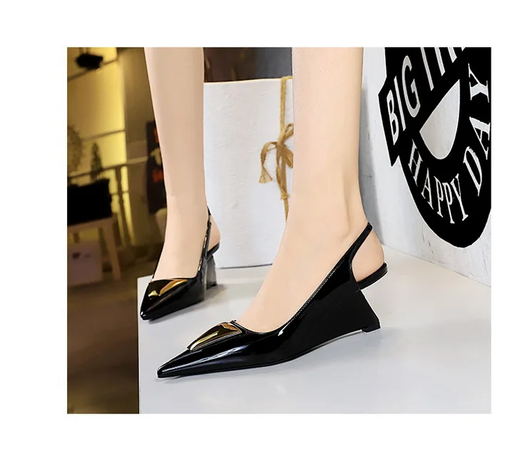 Patent Leather High Heels Wedges Shoes Lady Trendy Pumps Pointed Toe Hollow Back Strap 6.5 Cm Women Sandals White Heels Shoes