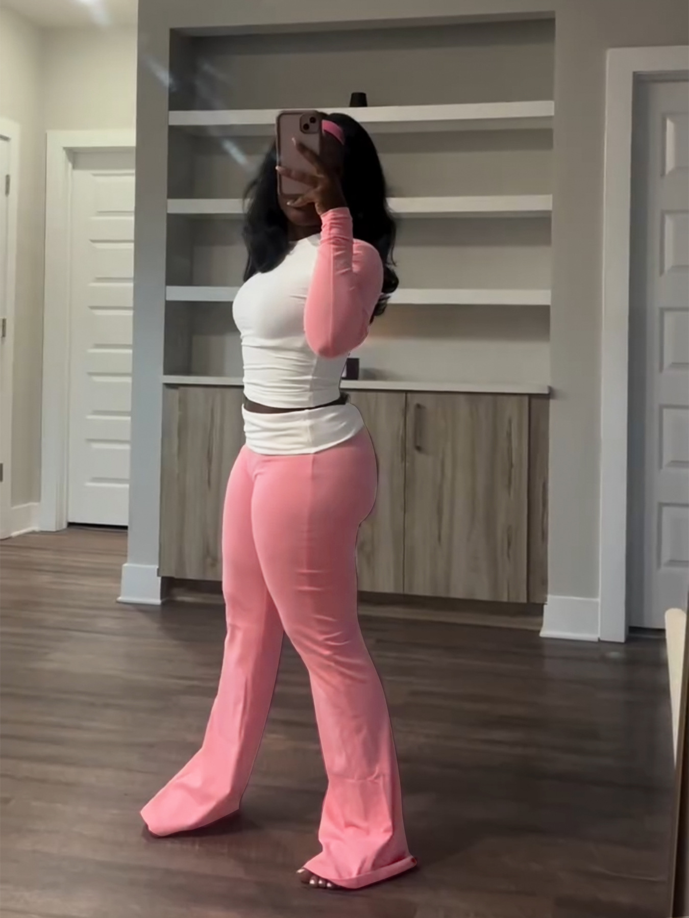 Women Clothing Contrast Color Tight High Waist Fold Slim Trousers Fleece Lined Two Piece Sets