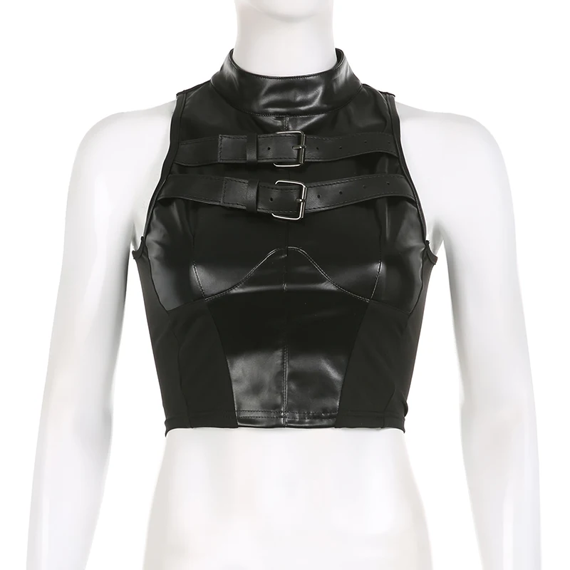 Punk High Street Women Tank Top Leather Buckle Up Sleeveless Zipper Patchwork Crop Vest Tee Hip Hop Club Lady Camis