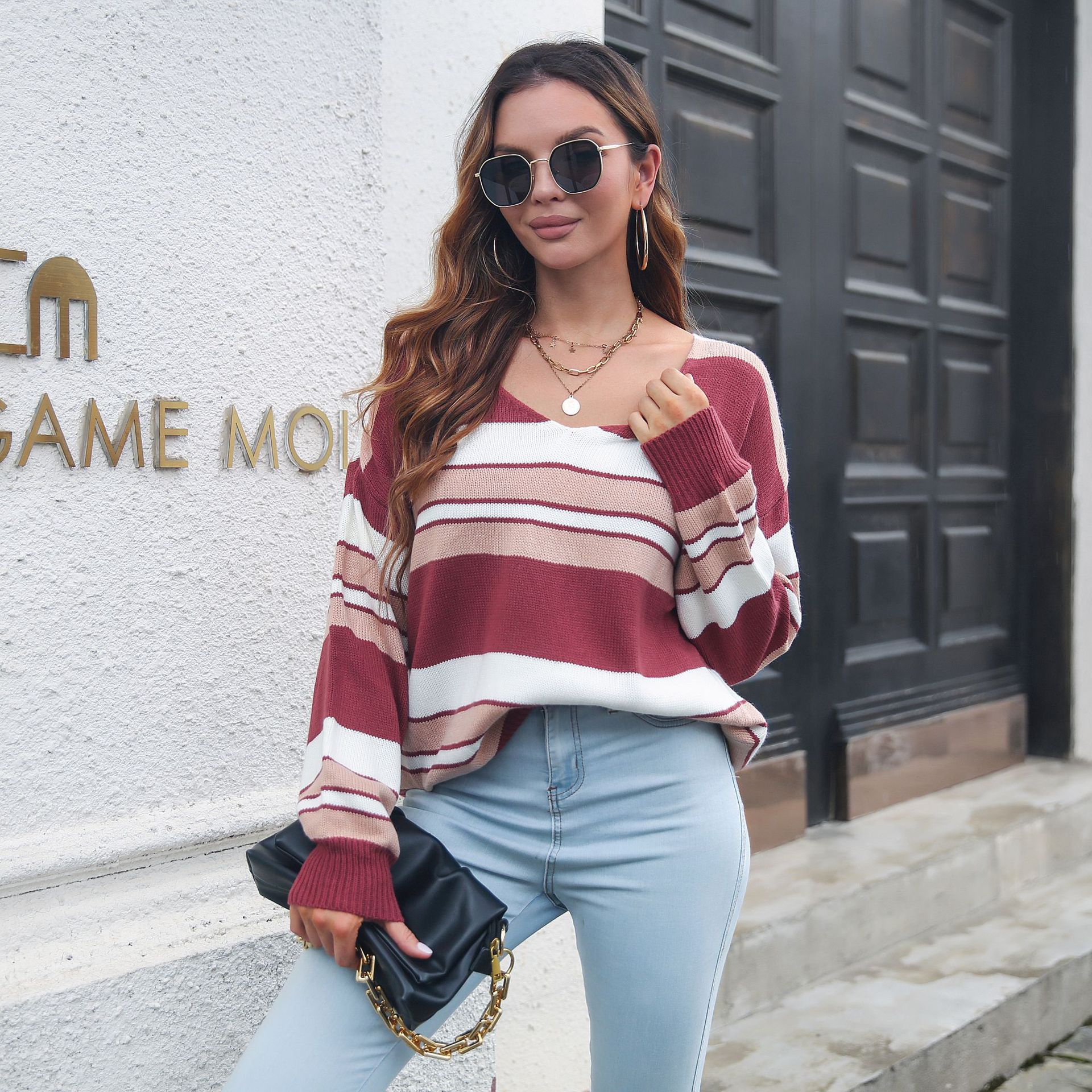 Striped Gradient Color V neck Long Sleeved Women Loose Autumn Winter Knitwear Sweater