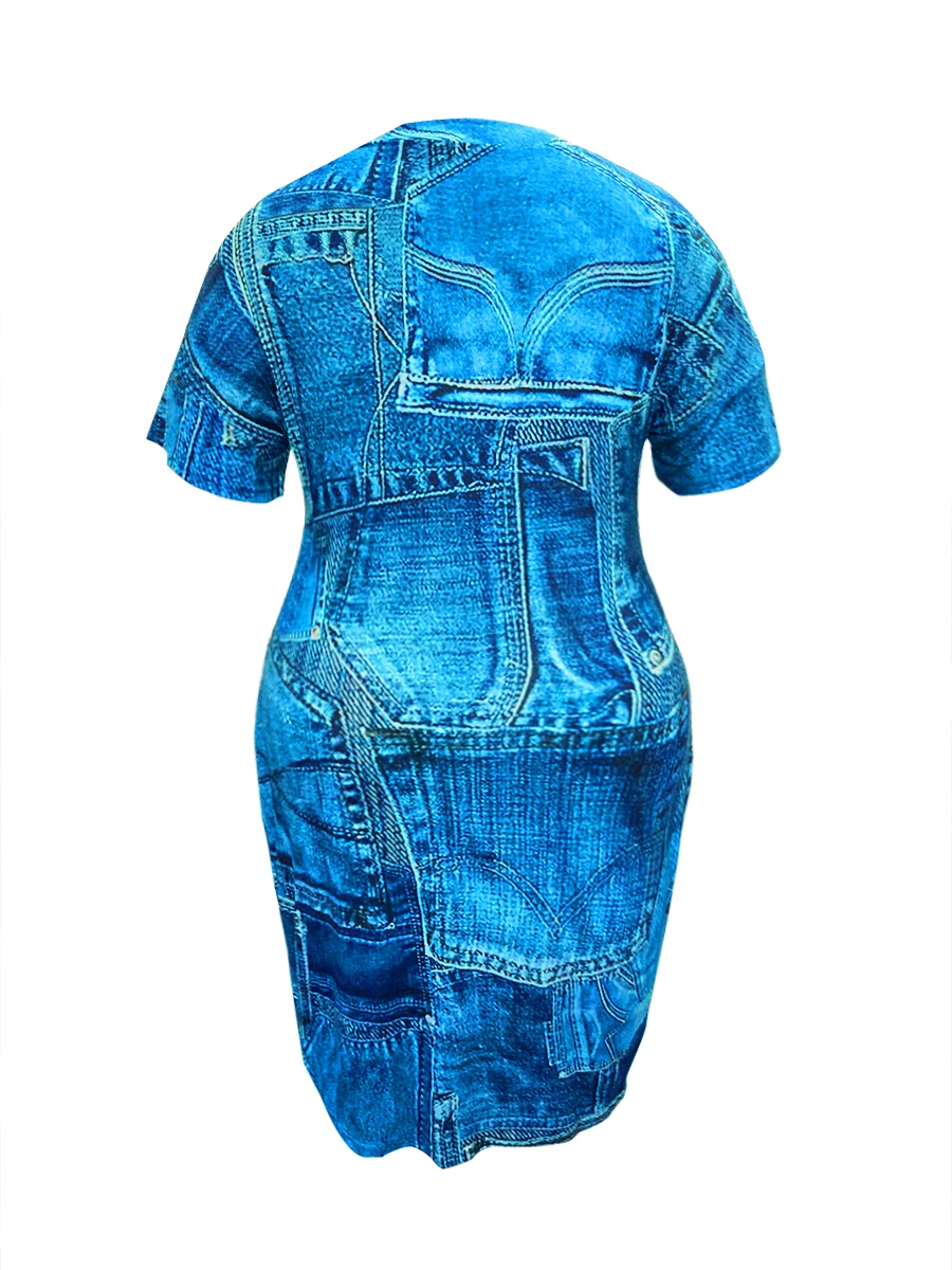 Plus Size Imitation Denim V Neck Pocket Design Dress Women's T-Shirt Summer Loose Dress Vestidos