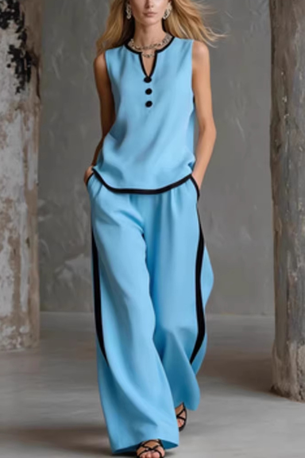 Stylish Color-blocked Sleeveless V-neck Top and Elastic Waist Pockets Casual Wide-leg Pants Set