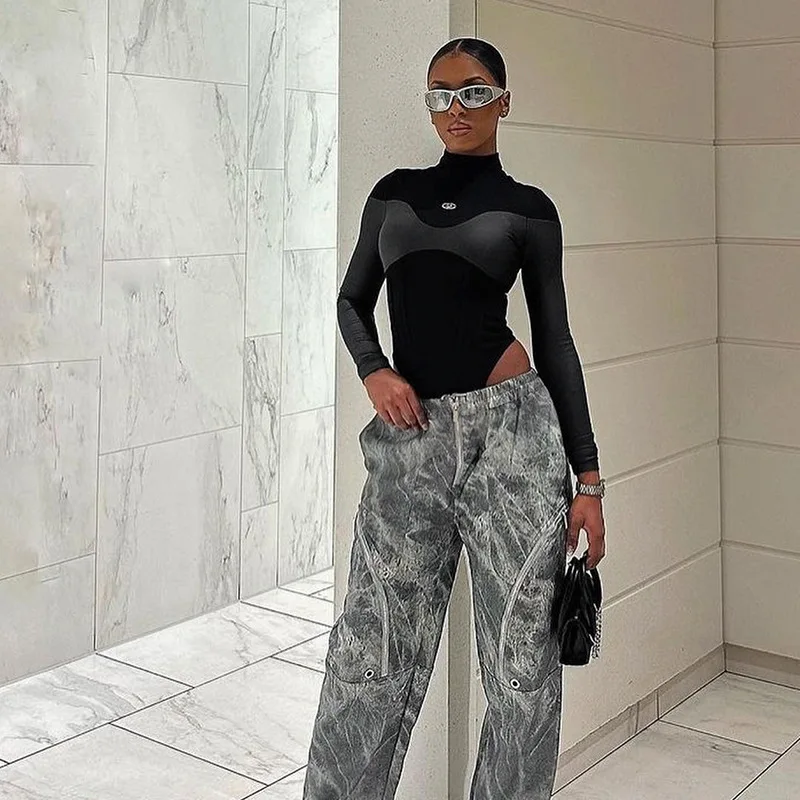 Long Sleeve Bodycon Lenceria Femenina Turtleneck Lingerie Sexy Body Feminino Black Tops Women PU Patchwork One-Pieces Bodysuit