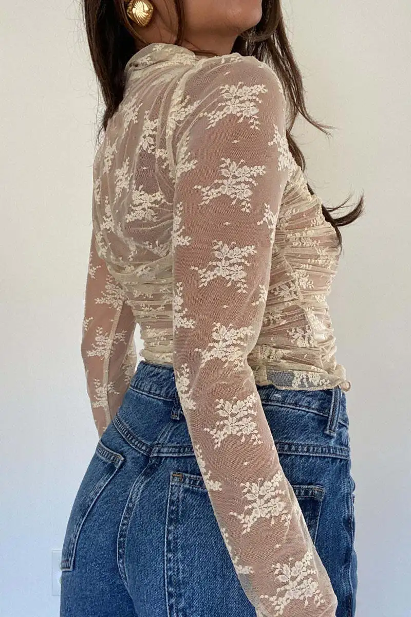 See-Through Lace Mesh T-shirt For Women Long Sleeve Printed Fashion Sexy Summer Contrast Pullover Female Slim Tee Top