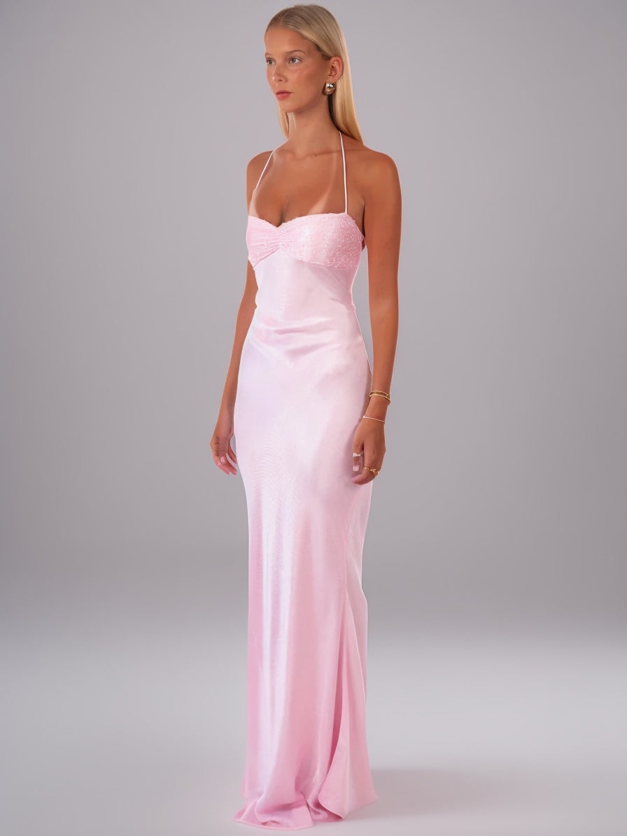 Strapless Sequined Satin Backless Tie-waist Bodycon Maxi Dress