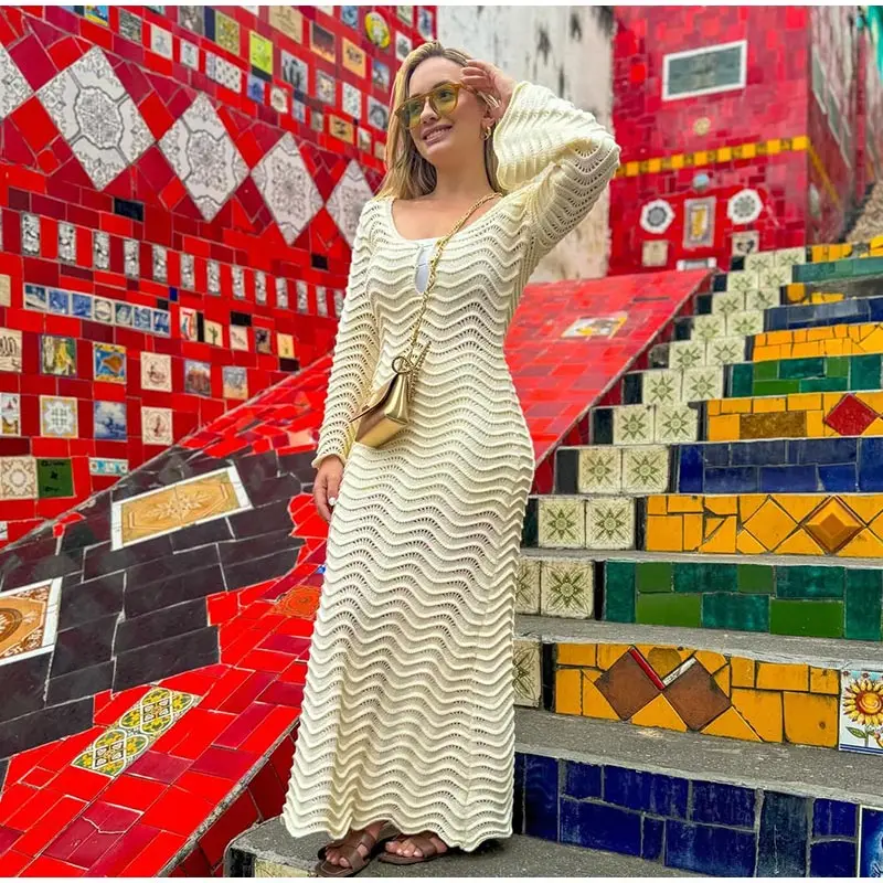 Beach Knit Hollow Out Maxi Dress Women Solid Flare Sleeve Lace-Up See-Through Holiday Dresses Female 2025 Summer Lady Slim Robes