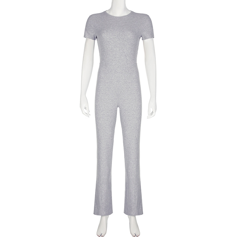 Summer Casual Solid Color Basic Shoulder Short Sleeve One Piece Trousers Sexy Tight Jumpsuit Trousers for Women