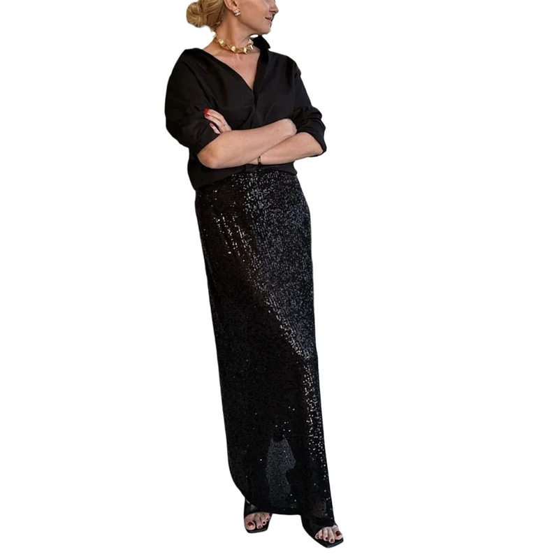 Sequin Long Skirts for Women Solid Color Elastic High Waist Skirt Fashion Elegant Ladies Evening Party Skirt Clubwear