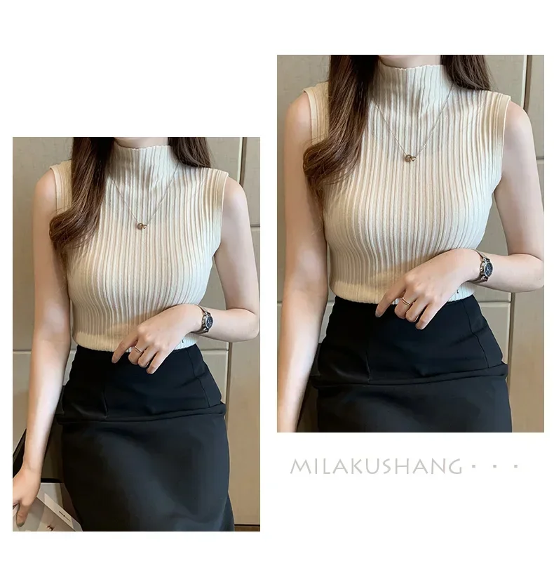Women Knitted Slim Tank Top Solid Sleeveless Sexy O-Neck Crop Top Casual T-shirt Cotton Off Shoulder Crop Tank Top Summer