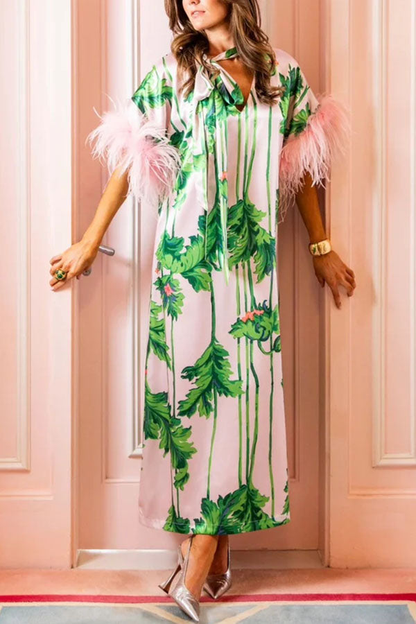 Darling Satin Botanical Print Tie-up Neck Half Sleeve Feather Trim Caftan Midi Dress