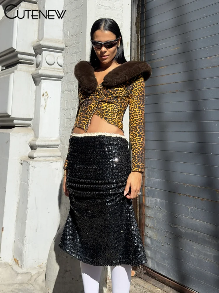 Feather Patchwork Women Tops Warmth New Leopard Printed Full Sleeve Bandage V-neck Slim Crop Tees Female Attactive Wear