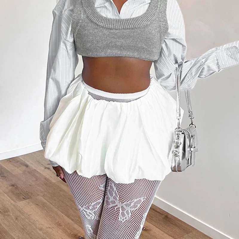 Folds Skirt Mini Skirt Women's Solid Elastic Waist Fashion Patchwork Ball Gown Summer New Mini Skirt Female