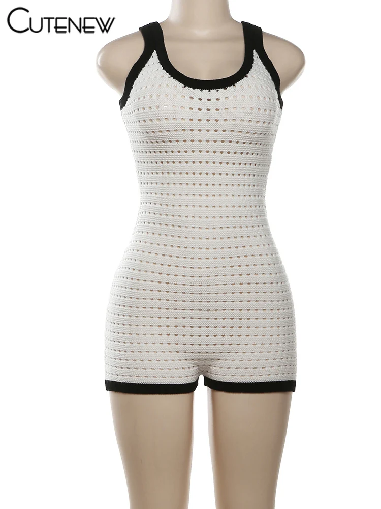 Casual Women Playsuits Basic Summer Panelled Sleeveless U-neck Stretch Holes Sheer Slim Rompers Female Concise One Piece