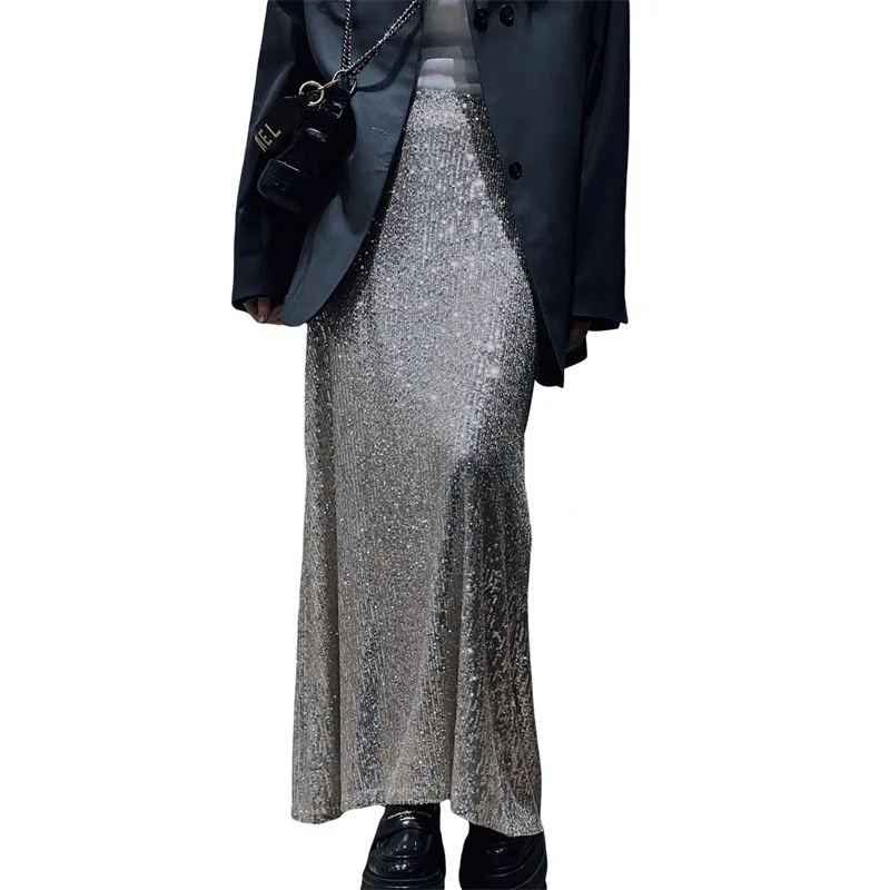 Sequin Long Skirts for Women Solid Color Elastic High Waist Skirt Fashion Elegant Ladies Evening Party Skirt Clubwear