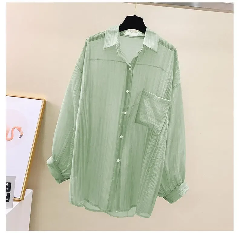 Women Elegant Long Sleeve Perspective Sheer Sunscreen Chiffon Blouse Korean Fashion Loose Shirt Women Summer Beach Cardigans