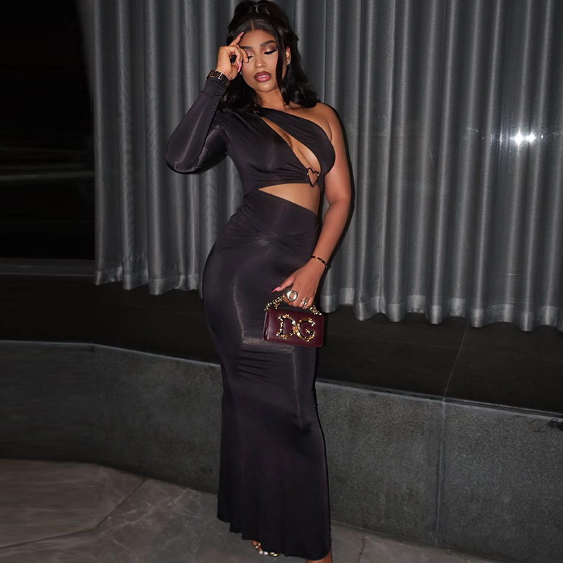 Women Solid Color Hollow Out Cutout out Bare Cropped Slim Fit Hip Dress Asymmetric One Shoulder Split Sleeve Diagonal Collar Dress