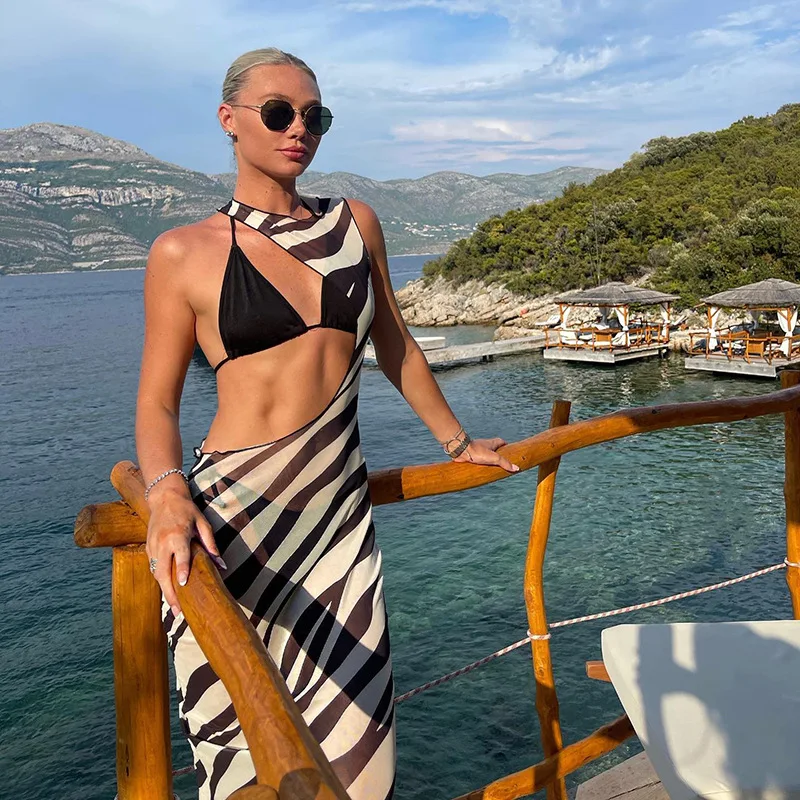 Bodycon Long Dresses For Women Beach Style Backless Vestidos De Mujer Hollow Out Sexy Robe Femme _t�� Y2k Clothes Zebra Print