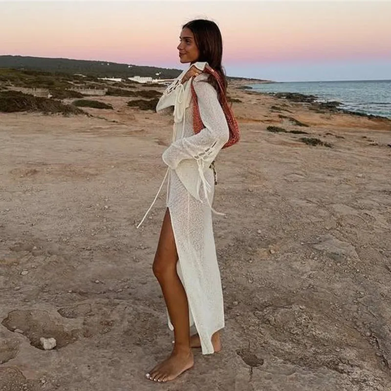 Beach V-neck Long Dress Women White Knitted Lace Up See Through High Slit Maxi Dresses 2025 Summer Lady Holiday Vacation Robes