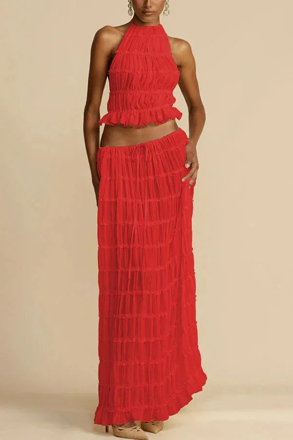 Bandage Fashion 2 Piece-Set Maxi Skirt Female Ruffled Summer Lace Elegant Streetwear Halter Top And Long Skirt Women Sets